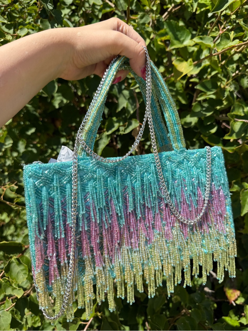 NWT Made in India Beaded Fringe Tassels Draped Blue Teal Purple Green Beaded Bag - Picture 4 of 4